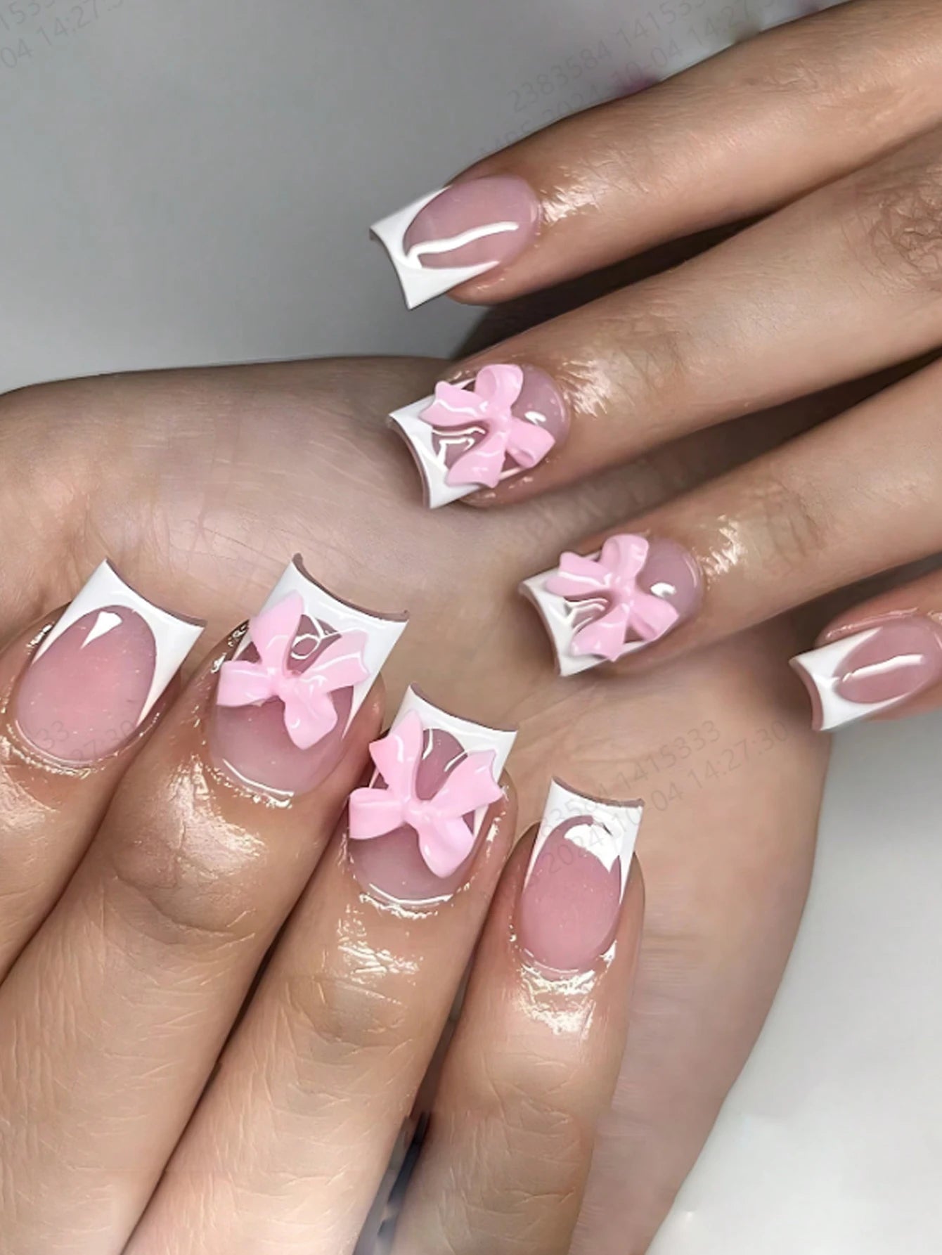 Artaug 24PCS Medium Press On Nails Stiletto Pink Bowknot French Trim Set