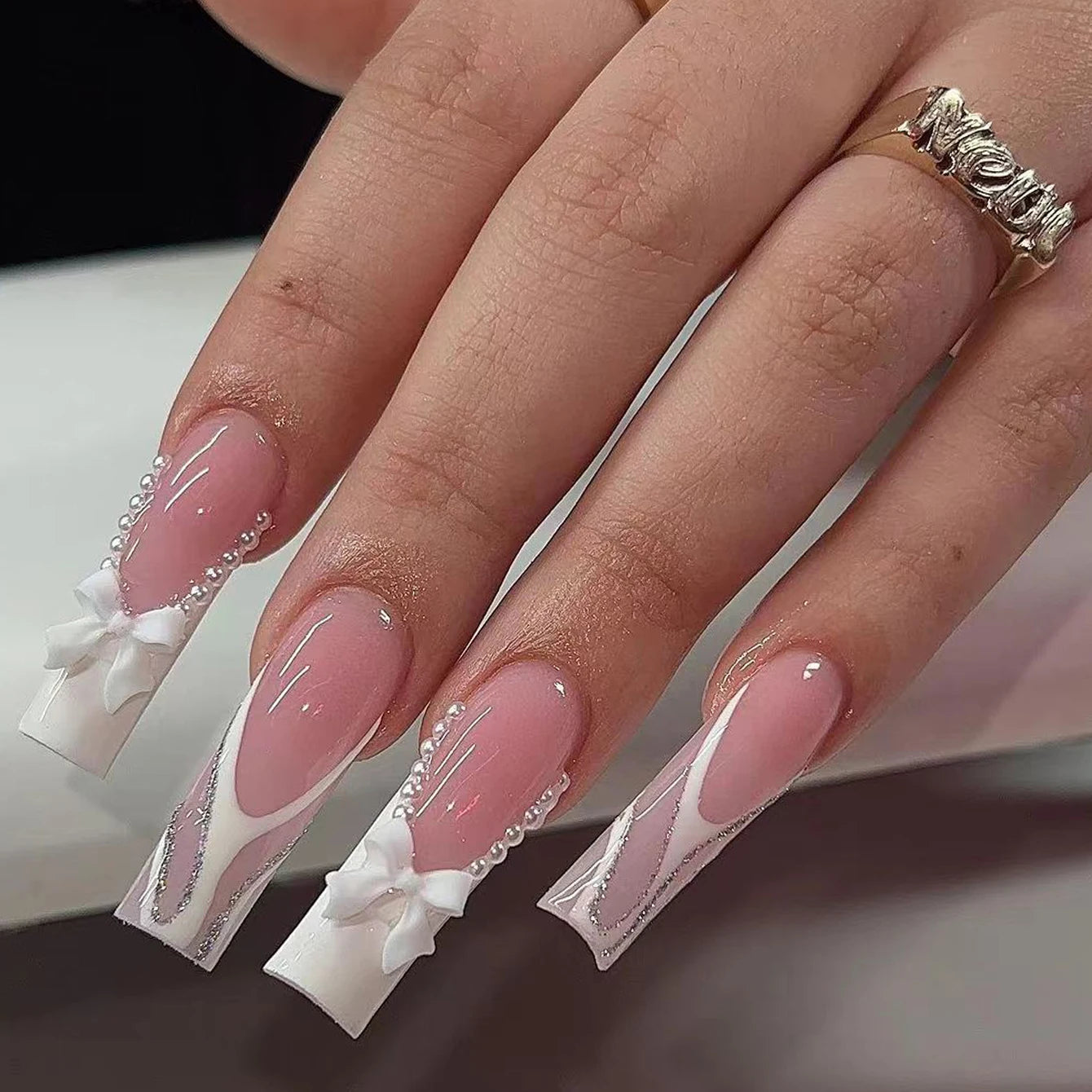 Artaug 24PCS Medium Press On Nails Stiletto Pink Bowknot French Trim Set
