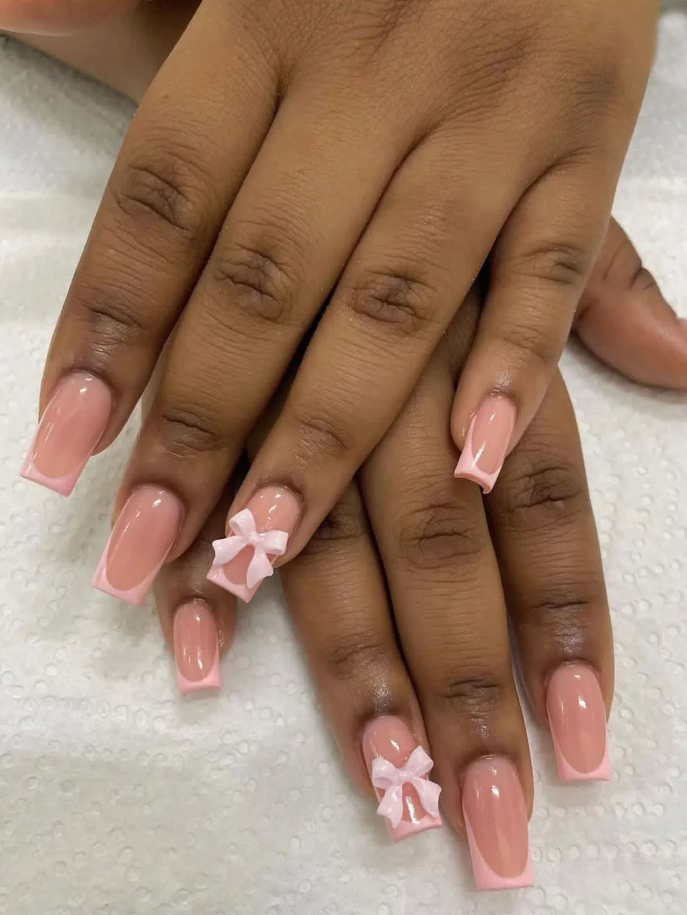 Artaug 24PCS Medium Press On Nails Stiletto Pink Bowknot French Trim Set