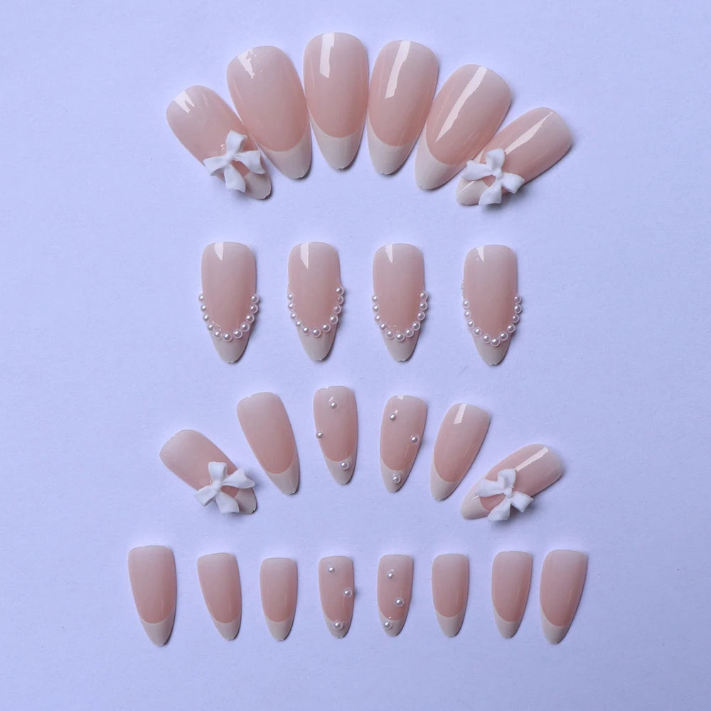 Artaug 24PCS Medium Press On Nails Stiletto Pink Bowknot French Trim Set
