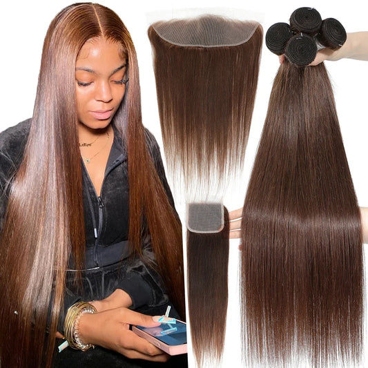 Wholesale Brown Straight Human Hair Bundles With HD Lace Closure