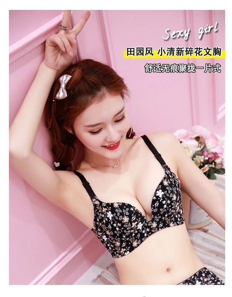 Women Floral Print Seamless Bra Wire Free Push Up Lingerie for All Seasons